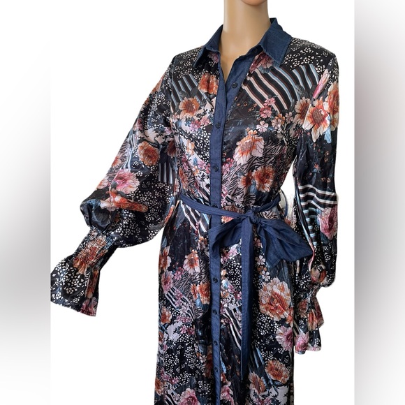 Eien Black Boho Hippie Eclectic Floral Geometric Puffer Long Sleeve Maxi Dress - Picture 2 of 7